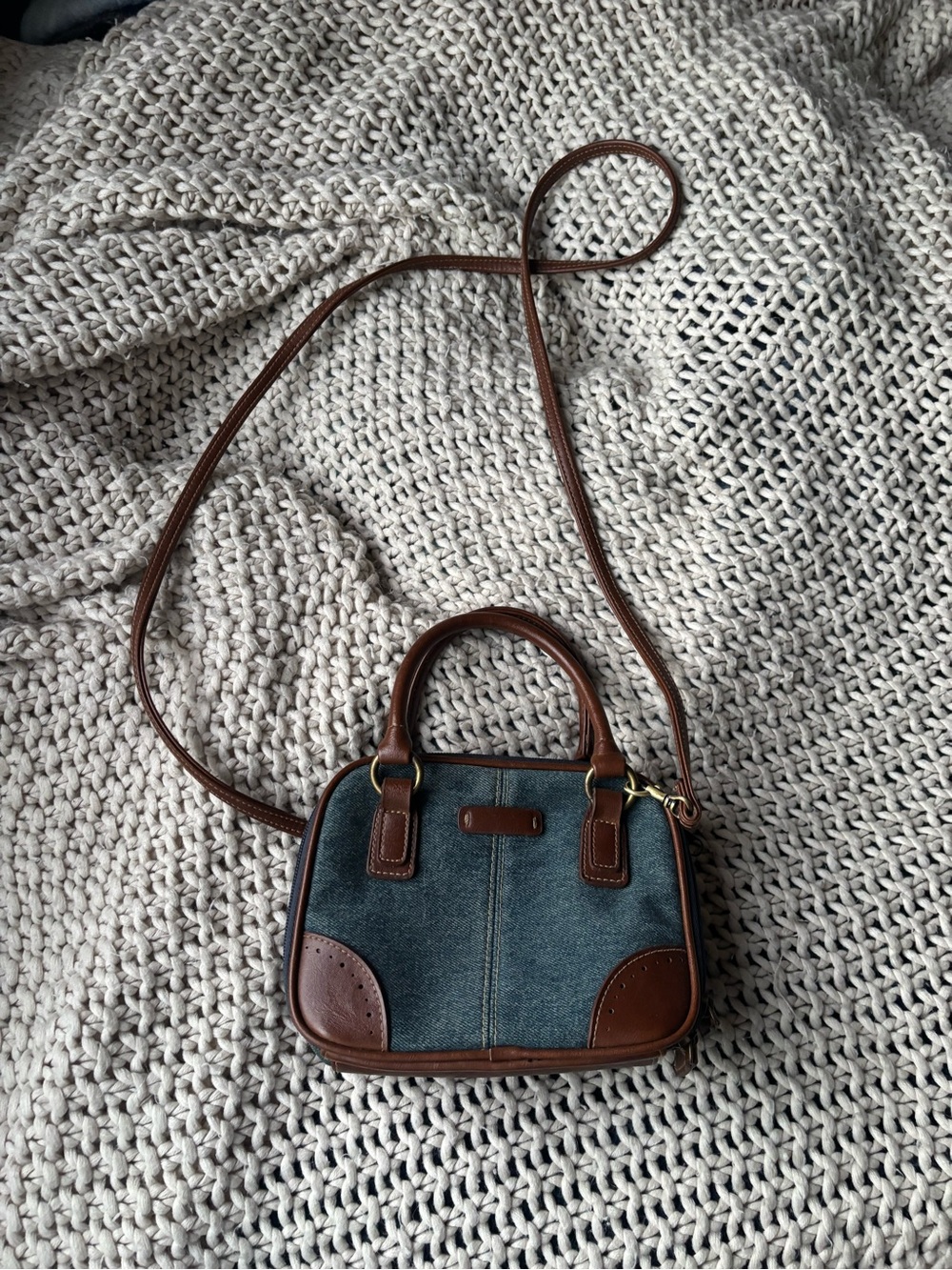 Blue Denim and Brown Leather Crossbody Bag